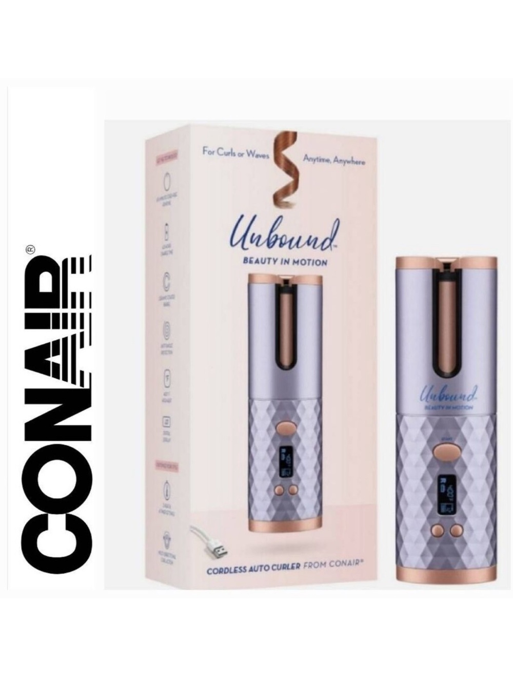 Conair NWT Unbound Beauty In Motion Cordless Auto Curler - Lavender & Rose Gold